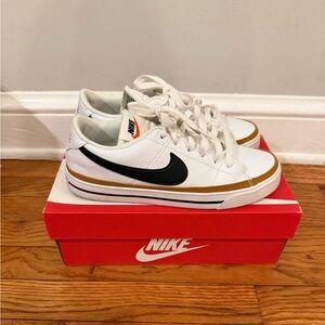Nike White and Tan Sneakers with Black Swoosh Court Legacy